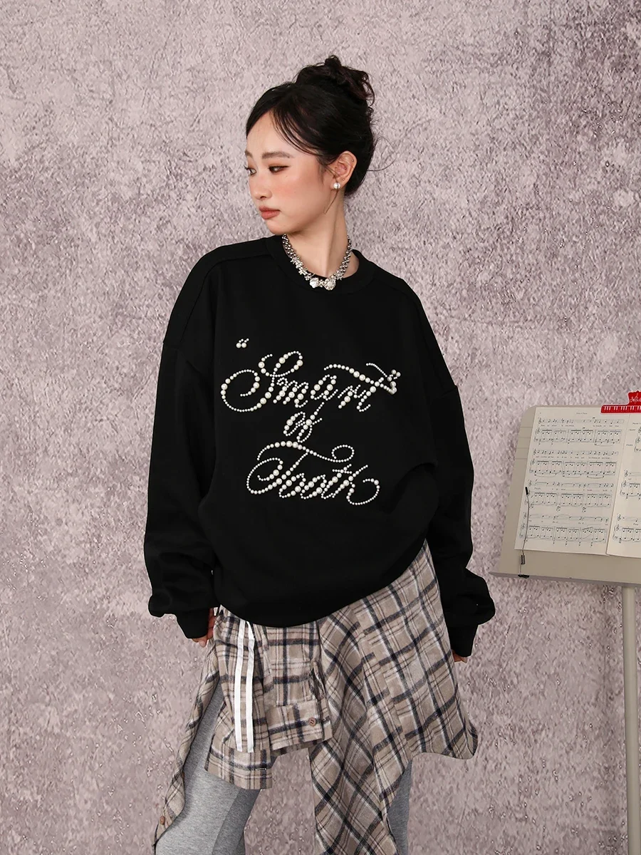 Korean Lazy Casual Style Hot Diamond Beads Round Neck Long Sleeve Loose Versatile Sweet Pullover Sweatshirts Women Tops Autumn