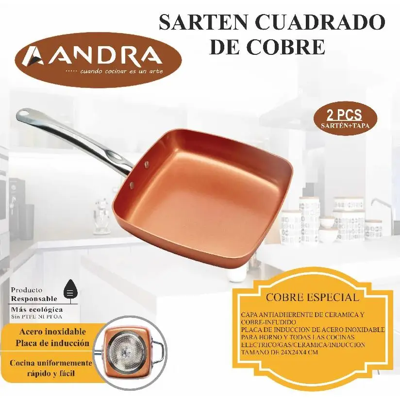 SARTÉN DE COBRE CUADRADA ANDRA 2 PIEZAS (SARTÉN Y TAPA) ANTI ADHERENTE INOXIDABLE