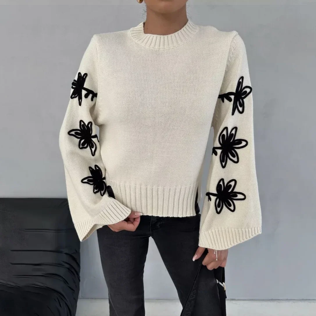 

French Round Neck Flared Sleeve Personalized Flower Knitted Sweater