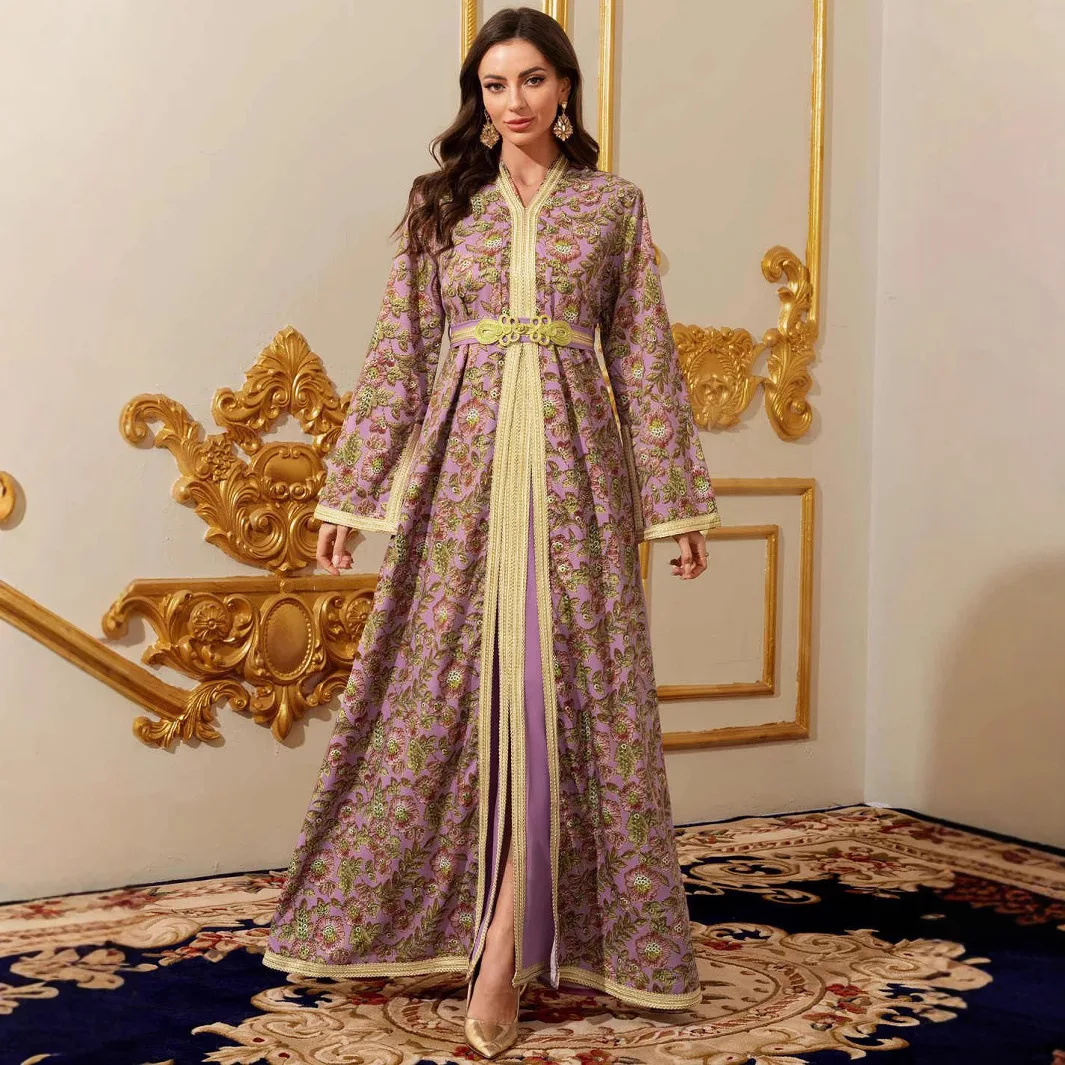 

Женское арабское вечернее платье в Дубае, длинное платье с поясом и длинным рукавом, женское платье с принтом, Абая, Рамадан, Дубай, роскошное исламское элегантное платье