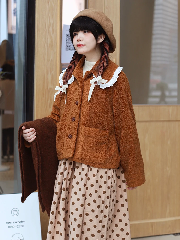 

Mameya Brown Lamb Velvet Jaet Women's Autumn Winter Thiened Loose Doll Collar Cute Lovely Large ket ort Outerwear