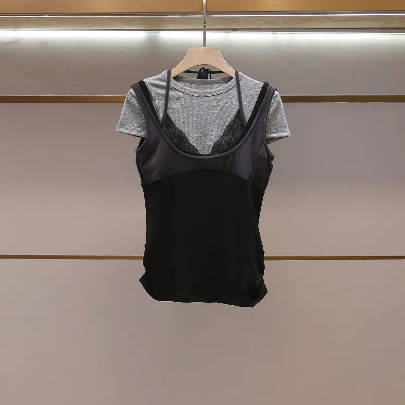 High-end Women's Clothing Summer New French Niche Spice Girl Style Lace Splicing Vest T-shirt Two-piece Set Street Hunter Tops