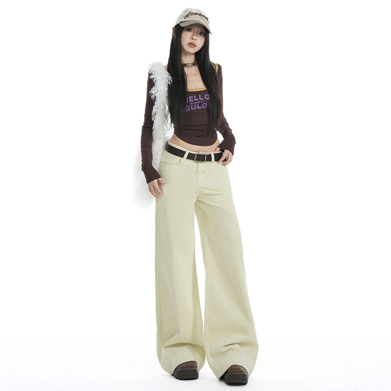 

American retro-style apricot corduroy straight wide-leg pants, loose, simple, versatile, casual, floor-length trousers