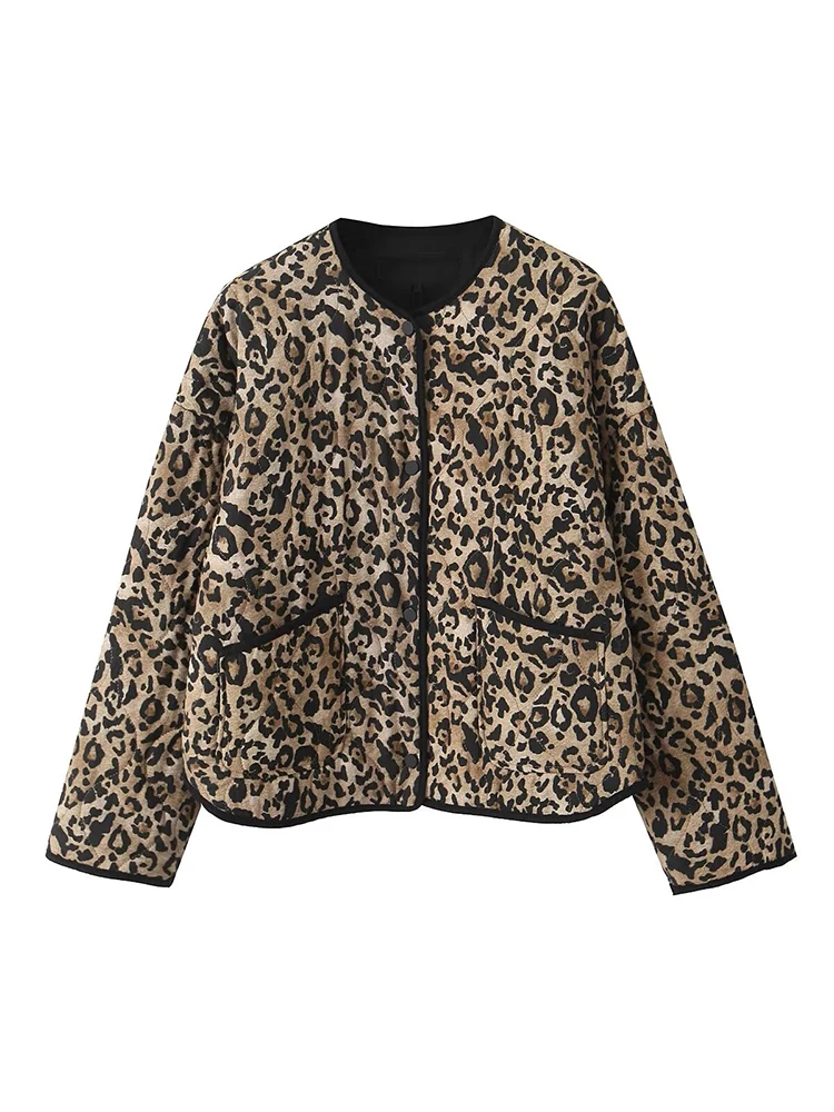 UNIZERA Autumn New Product Women's Casual Loose Leopard Pattern Animal Pattern Printed Round Neck Cotton Jacket Coat