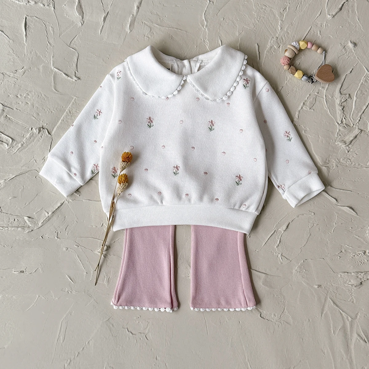 Y2K-Stil Kleinkind Mädchen 2-teiliges Set 1-3 Jahre Rosa Blumenstickerei Sweatshirt + Schlaghose Lässiges Mode-Outfit – Detail 5