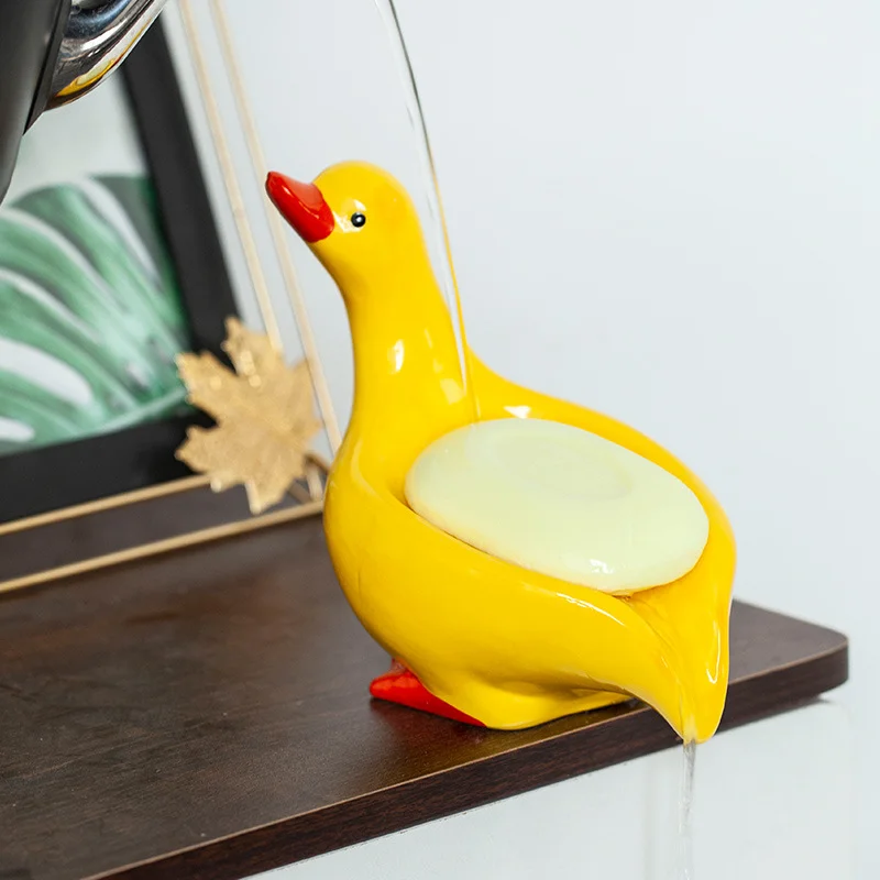 Lamgool Ceramics Soap Dish Vivid Duck Shaped Storage Soap Holder Self Draining Soap Tray for Bath Bathroom Kitchen Shower  ﻿