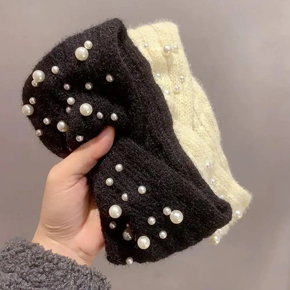

2025 Fashion Women Pearl Knitted Headbands Autumn Winter Headwear Ear Warmer Elastic Warm Hair Band Wide Turban Hair Accessories