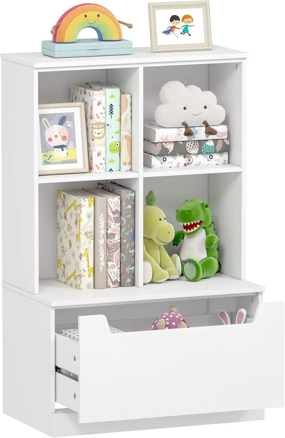 

Adjustable Kids Bookshelf with Drawer, Toy Storage Organizer for Bedroom Playroom Nursery, White