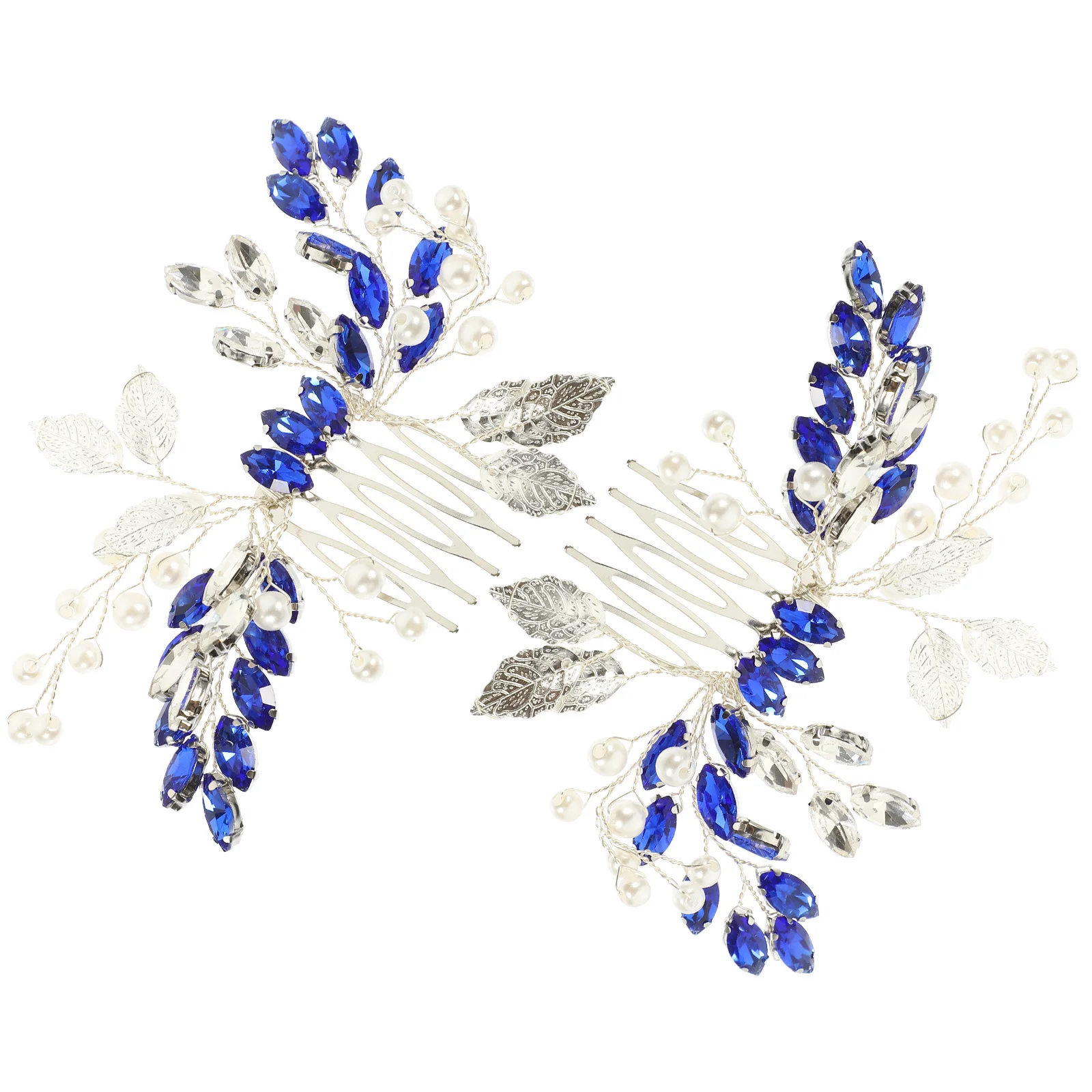 2 pcs Blue Rhinestone Leaf Hair Comb Bridal Wedding Side Comb For Women Crystal Bride Accessories Metal Hair Styling Tool