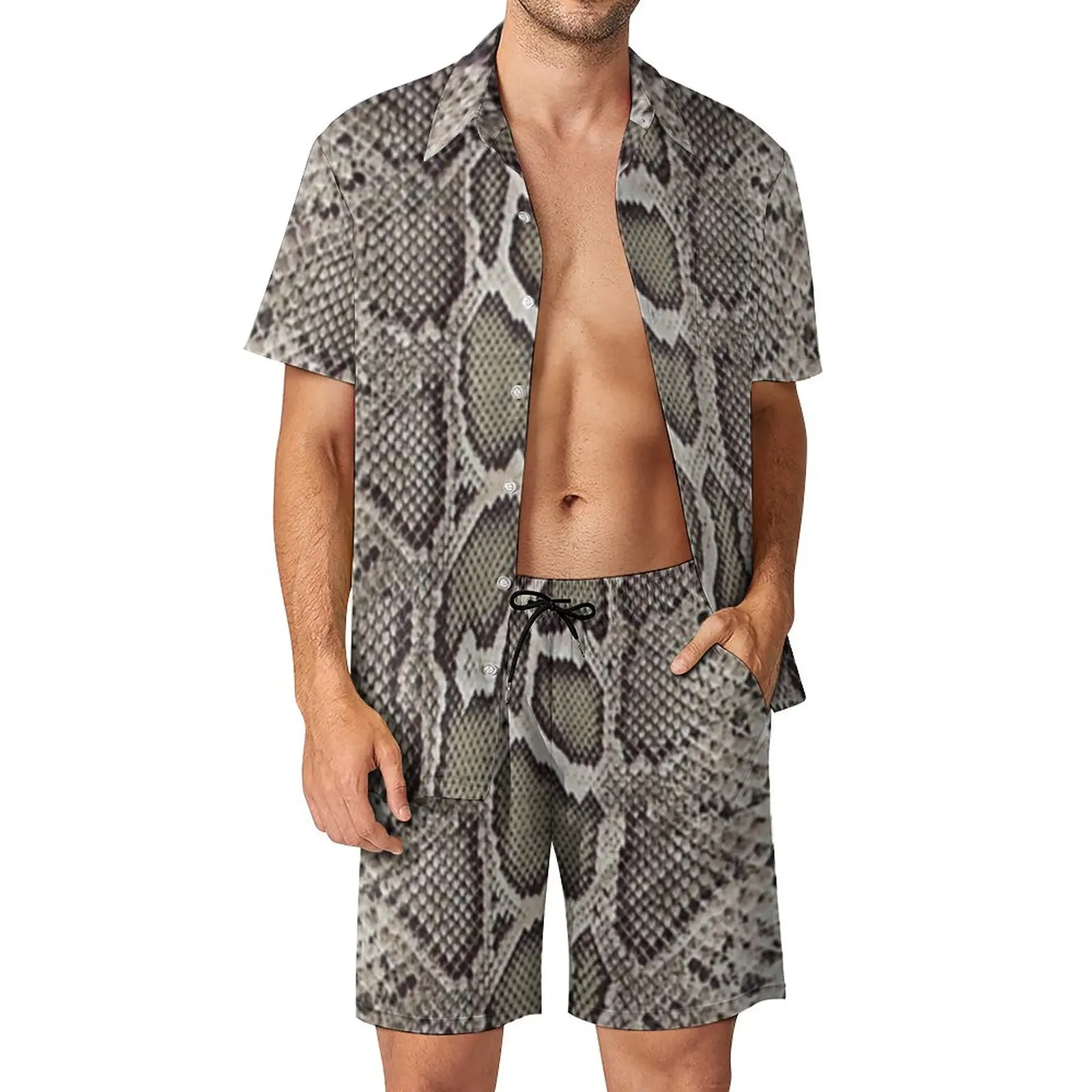 

Pink Snakeskin Men Sets Animal Python Print Hawaiian Shirt Casual Set Short Sleeve Shorts Summer Outdoor Suit Plus Size