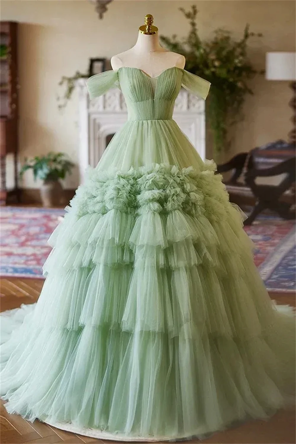 Contessa Dubai Custom Apple Green Boll Gown Tiered Ruffles skirt Vestidos de noche Off Shoulder Formal evening events dress 2025