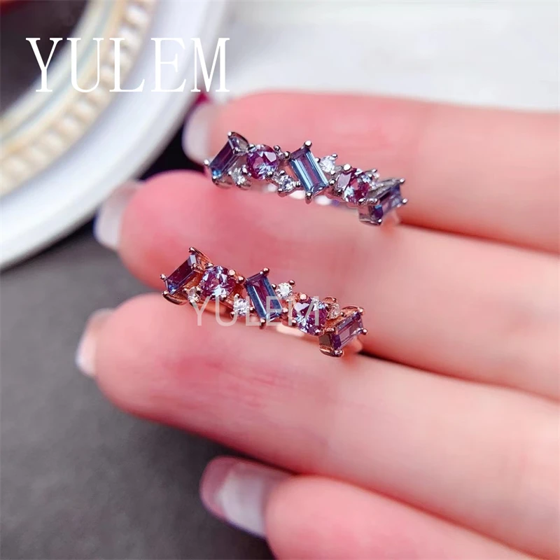 YULEM Change Color Alexandrite Ring with 925 Sterling Silver Engagment Wedding Jewelry for Women Anniversary Gift