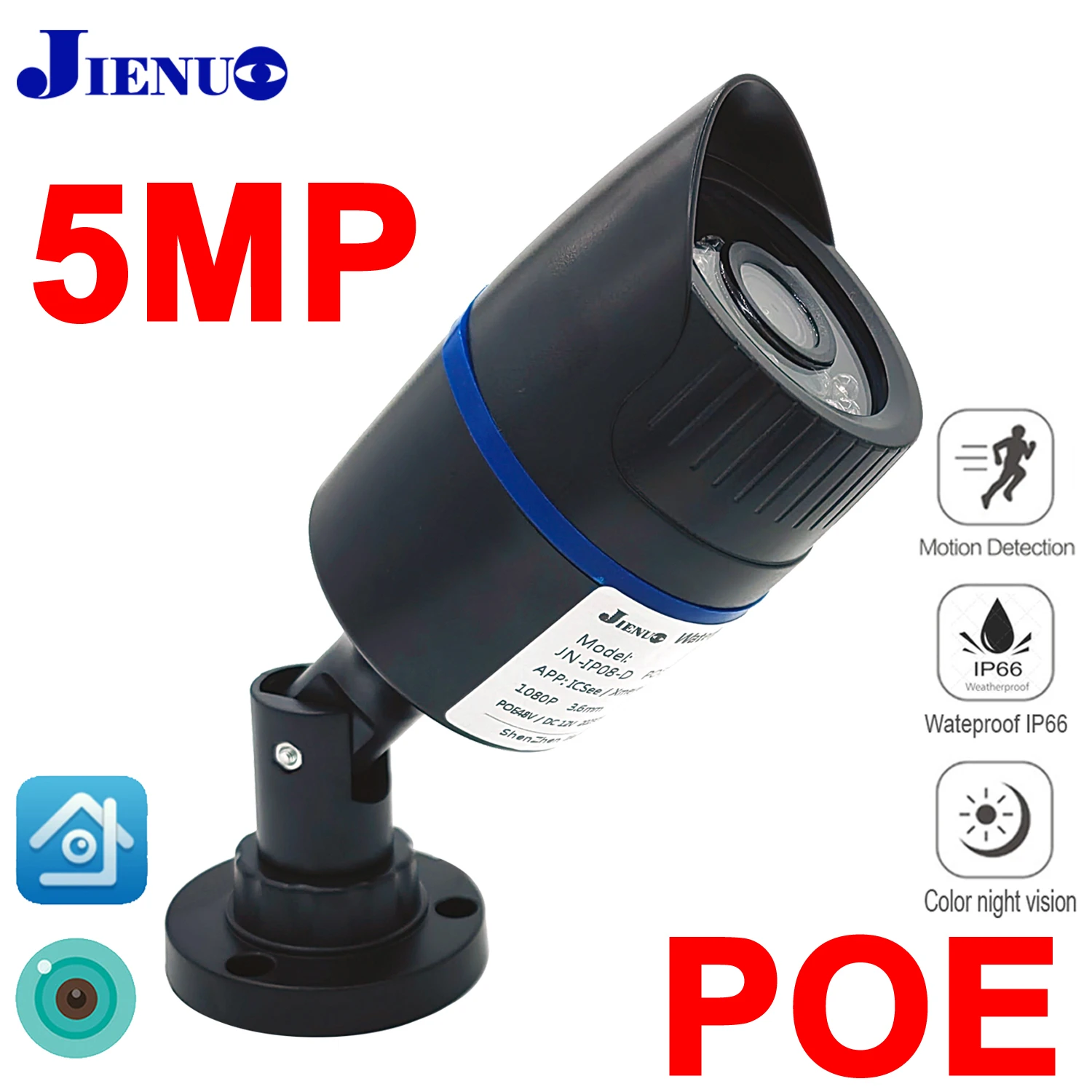 

JIENUO 5MP POE Camera IP Cctv Security AI Smart Motion Detection NightVision Outdoor Waterproof Video Audio P2P 4MP Net Home Cam