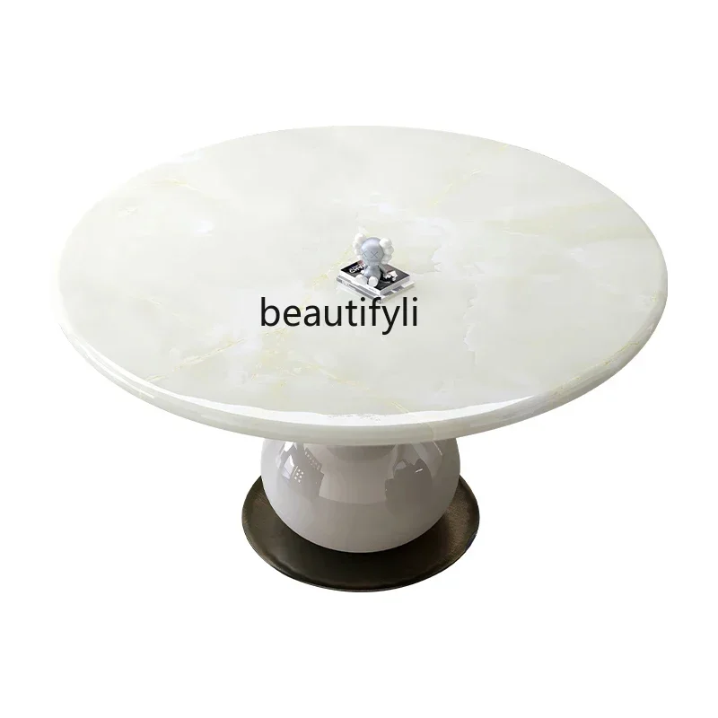 

Great discounts Natural white ice jade dining table light luxury marble round with turntable household cream wind round table