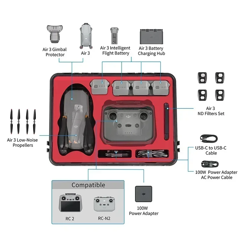 

For DJI AIR 3 Drone Storage Case Portable Handbag Suitcase Water-proof Explosion-proof Safety Box For RC 2/RC-N2 Protective ACC