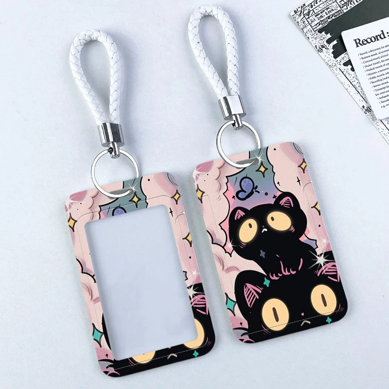 น่ารัก Black Cat Bank ธุรกิจผู้ถือบัตรนักเรียนรถบัสอาหารการ์ดป้องกันกรณี Lanyard อะคริลิค Photocard ผู้ถือ
