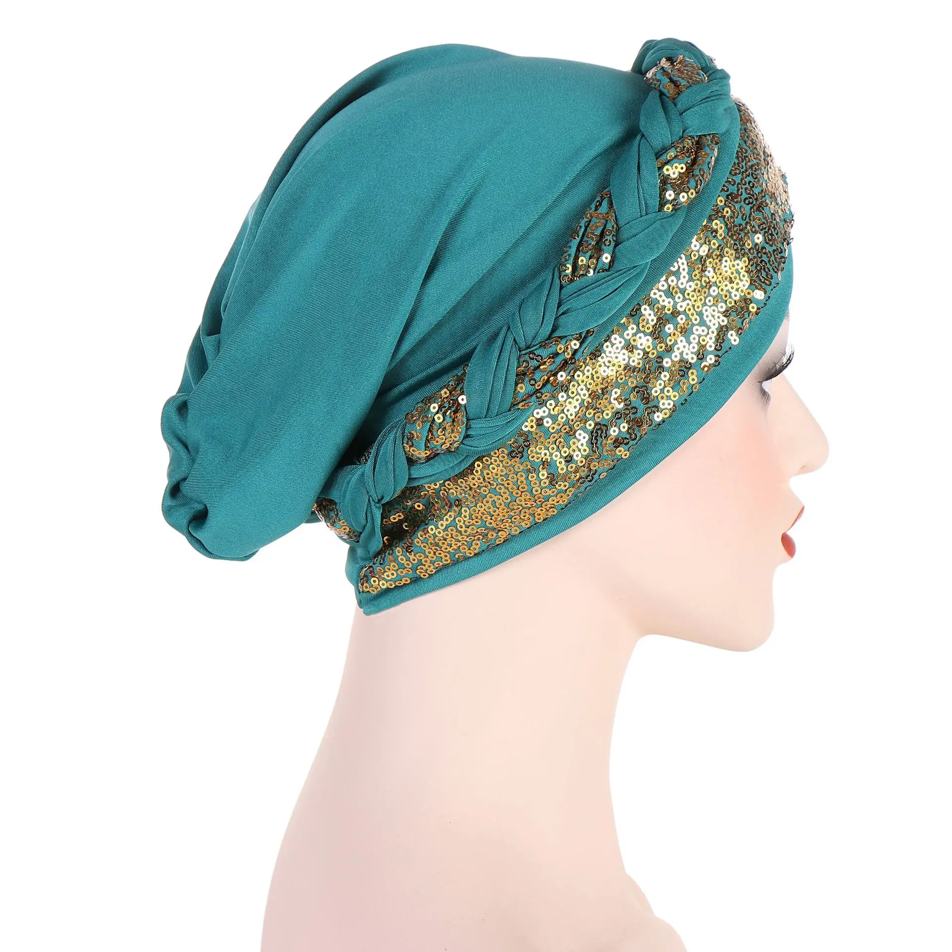 Women Turbans with Braid Decor Sequin Elastic Musilim Hijabs for Women Forehead Cross Islamic Women Ramadan Clothing Headwrap