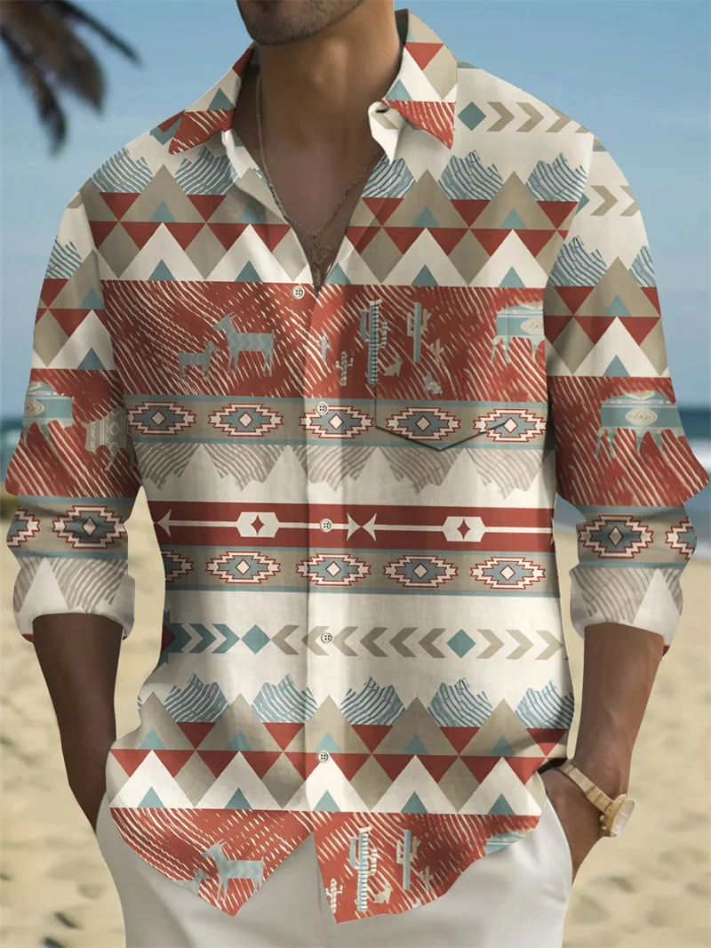 Men's retro checkered printed long sleeved shirt, fashionable long sleeved men's button up collar shirt