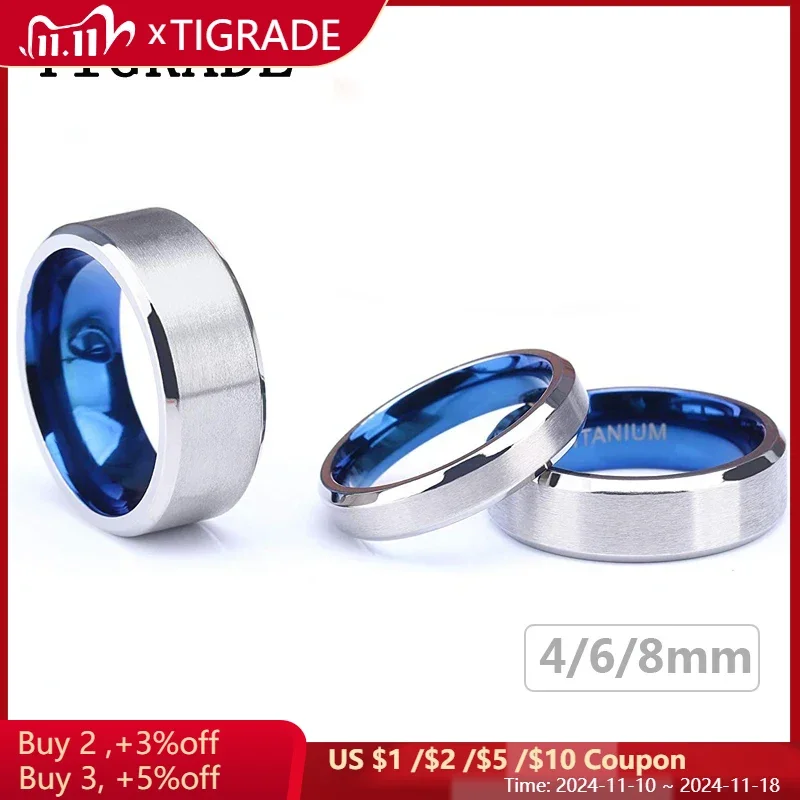 Tigrade 100% Pure Titanium Men Women Ring Silver Color Blue Inside Classic 4/6mm Wedding Rings Engraving Provide Drop Shipping