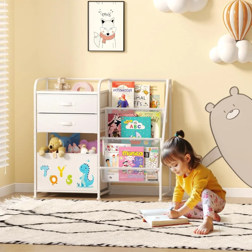 رف كتب ومنظم ألعاب للأطفال مكون من 3 طبقات مع صندوق تخزين دوار لغرف الأطفال #4