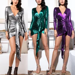 Sexy Bronzing Pleated Women Bodycon Mini Dress Night Party Club Female Elegant Vestidos V Neck Long Sleeve Skinny Short Dress