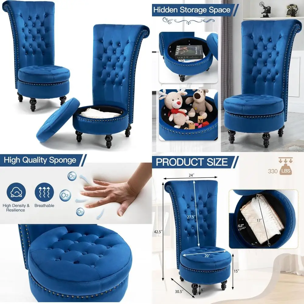 Velvet High Back Throne Chair Set, Armless Accent Chairs with Storage, Nailhead Trim, Rubberwood Legs for Living Room