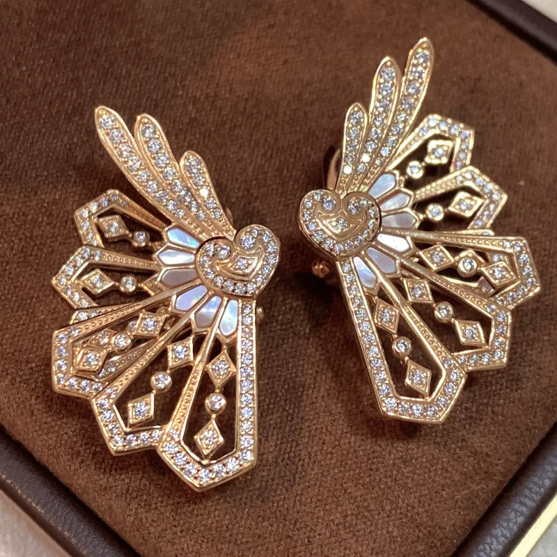 Bellux Fan Shape Necklace Earrings Set Two Tone 925 Silver Cubic Zirconia Shell Butterfly Design Party Fashion Jewelry Set