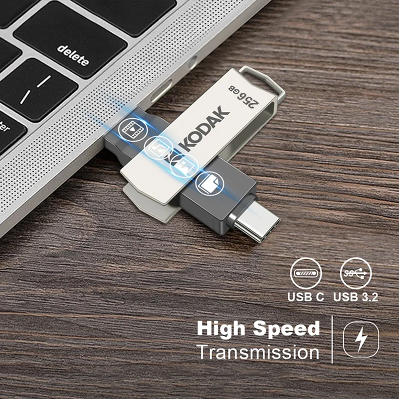 Kodak 2in1 Metal USB Flash Drives 256GB USB3.2 Pendrive Type-C USB 3.2 High Speed Dual Memory stick 256GB Pen Drive For Phone