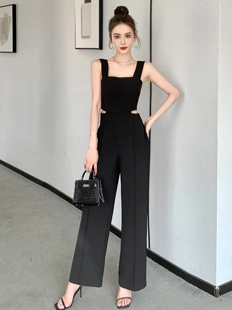 Y2K Fashion Elegant Women Jumpsuits Chic Black Hollow Sexy Strap Backless Party Beach Femme Mujer Wide Leg Loose Rompers Summer