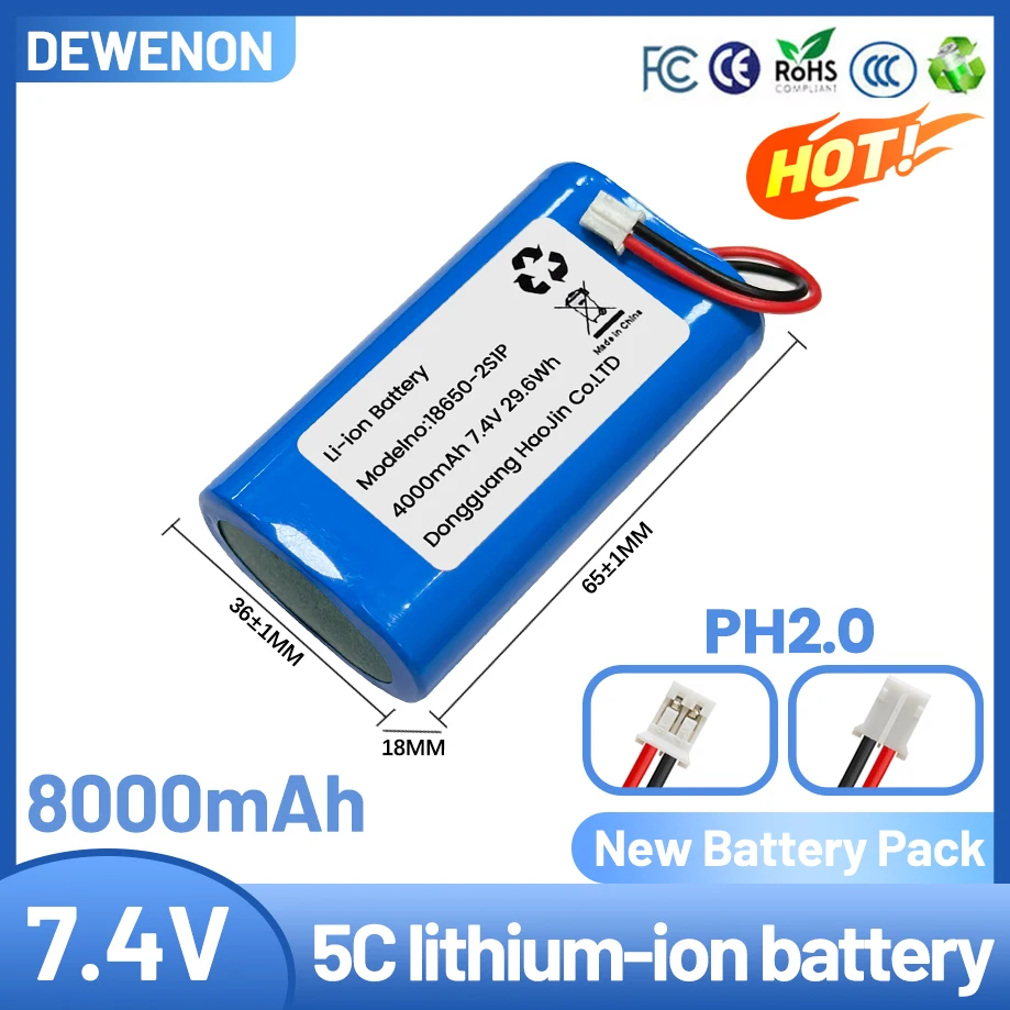 7.4V 4000mah-8000mah 18650 Li-ion Rechargeable Battery Pack with PH2.0 Plug 18650-2S Lithium Battery for Megaphone Speaker Parts