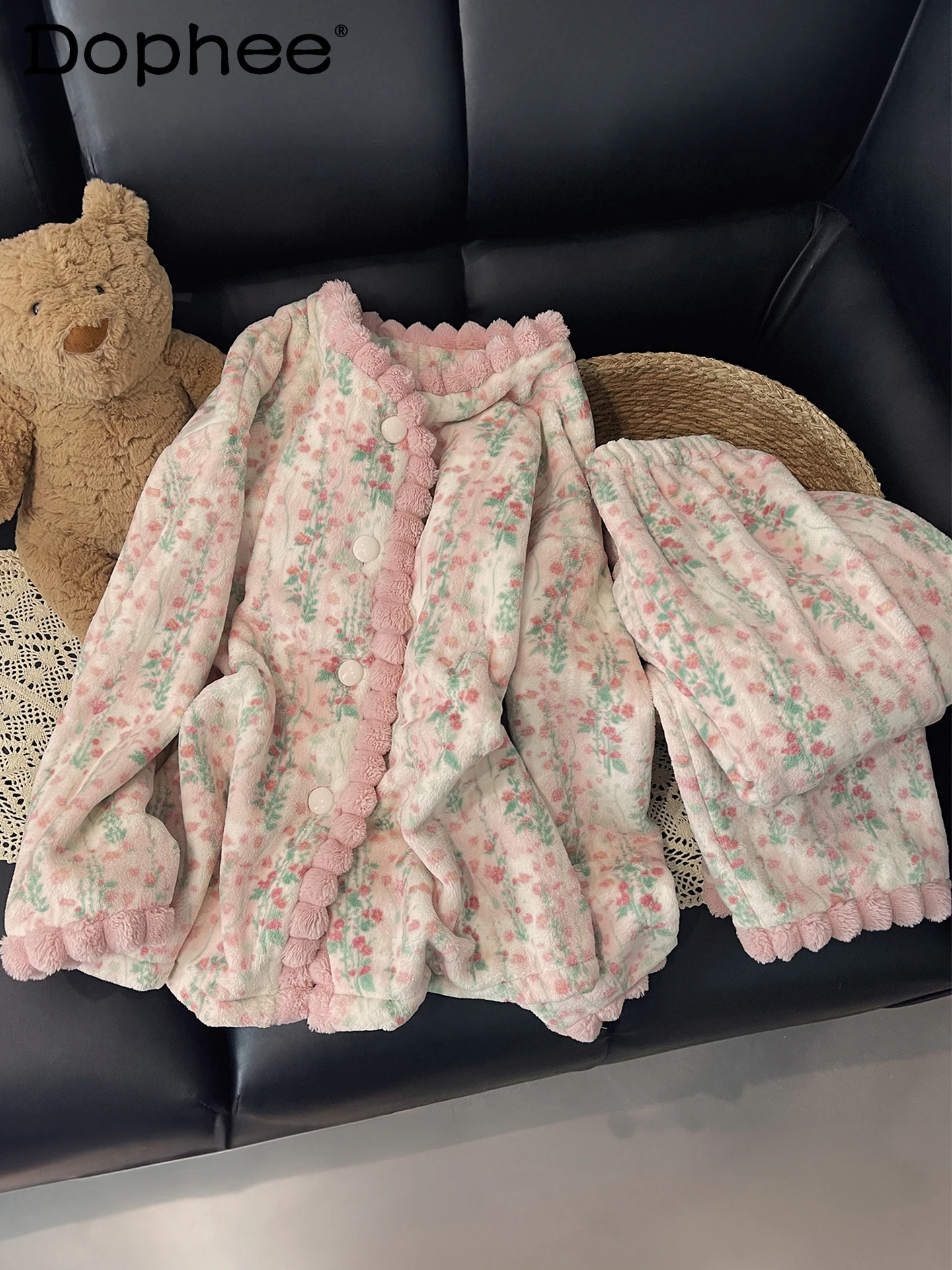 

Winter Fleece-Lined Retro Floral Coral Fleece Long-Sleeve Pajamas Thickened Flannel Warm Sweet Cute Girl Casual Homewear