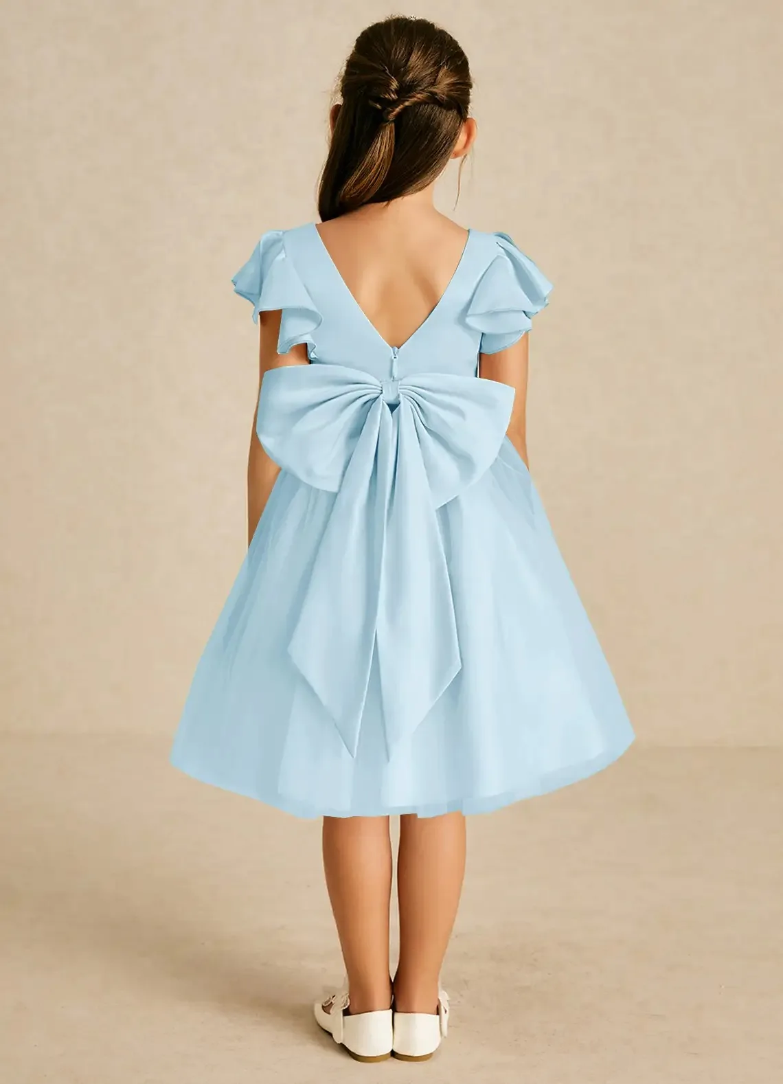 Cswdocy Elegant Girls Bridesmaid Dress Square Neck Ruffle Flutter Sleeve Tulle Flower Girl Dress For Pageant Formal Party 2026