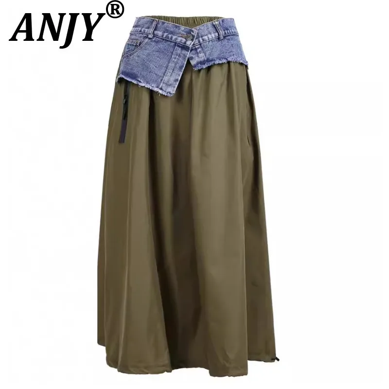 

ANJY Autumn Winter New Women Korean Fashion Loose Artistic Slimming Denim Patchwork Skirt Ins High-End Wide Hem Versatile A13803