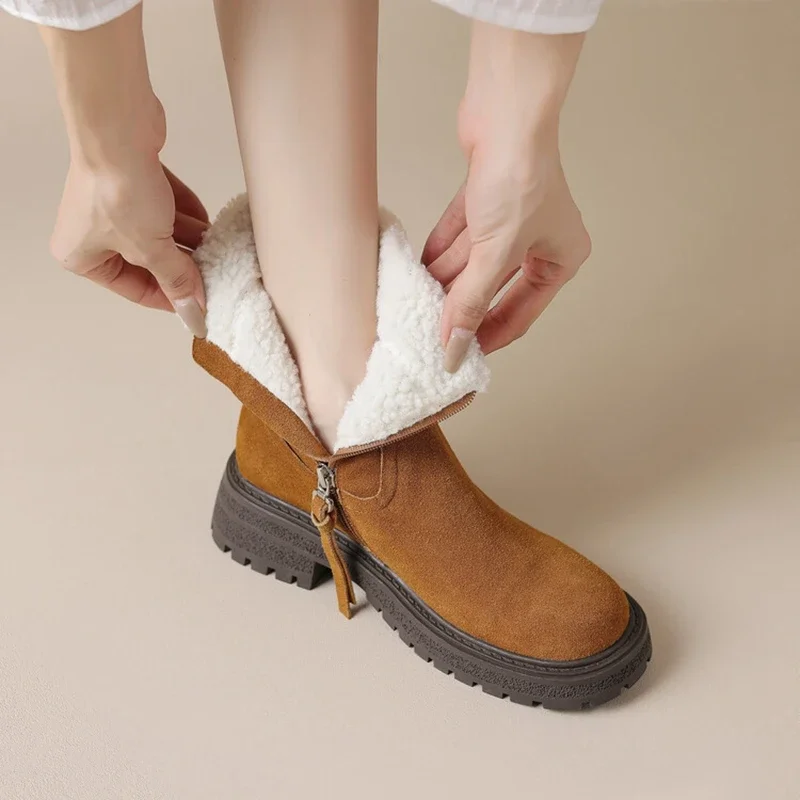 

Winter Women Shoes Round Toe Chunky Heel Women Boots Cow Suede Leather Shoes for Women Warm Plush Boots Women Short Snow Boots