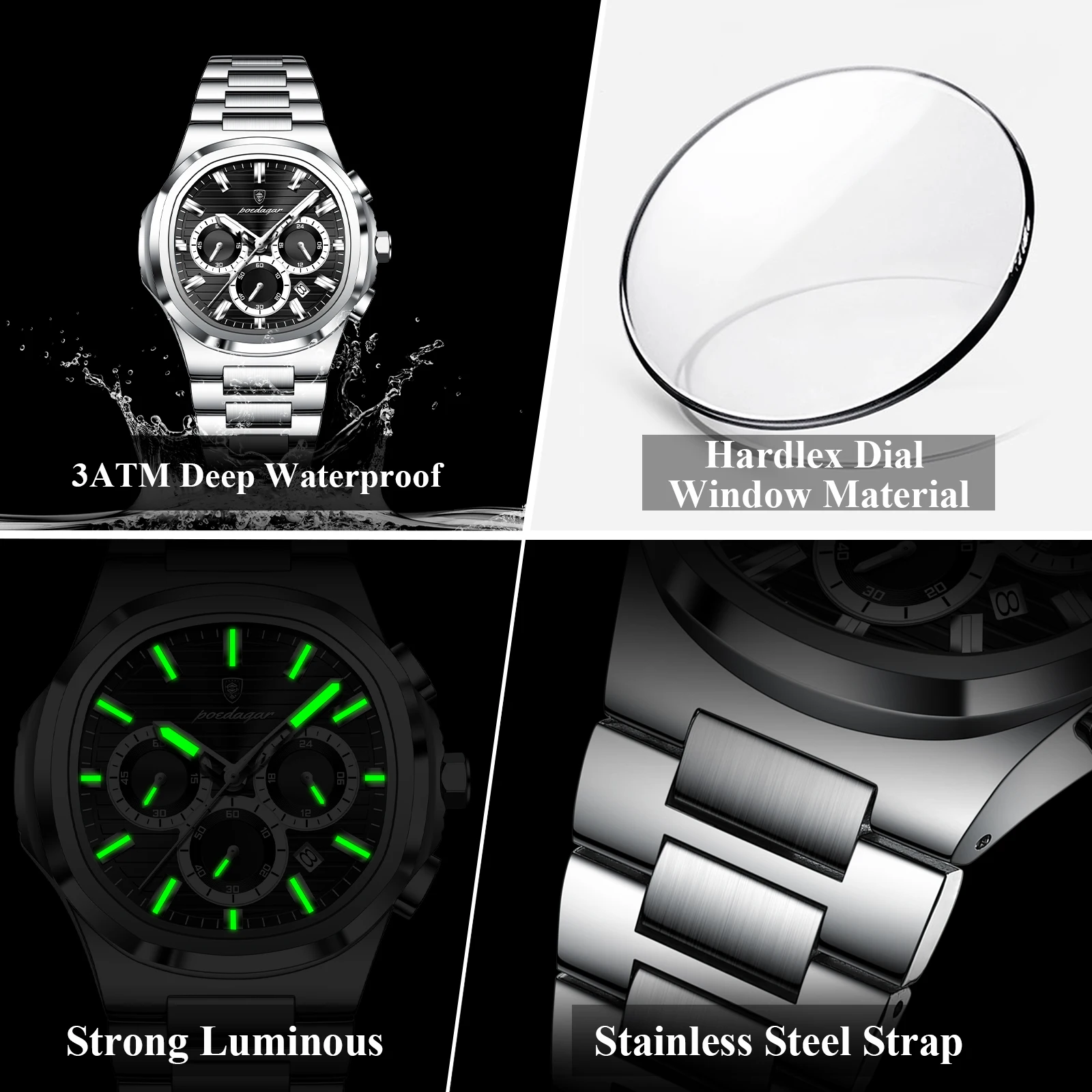 Men's Luminous Waterproof Stainless Steel Chronograph Quartz Watch