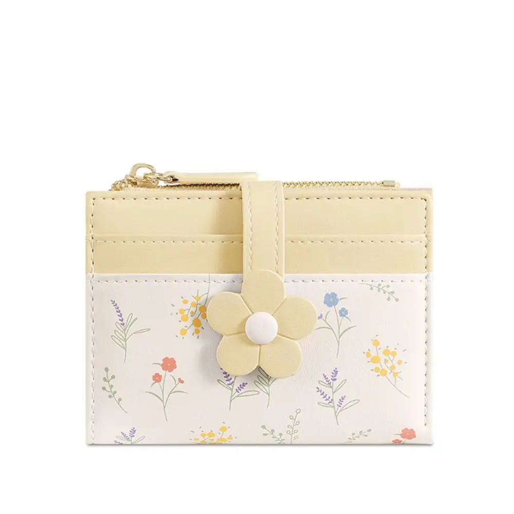 Flowers Printed Mini Coin Purse Multi-Cards Slot Zipper Women's Short Wallet Portable PU Leather Small Card Bag Key Protector
