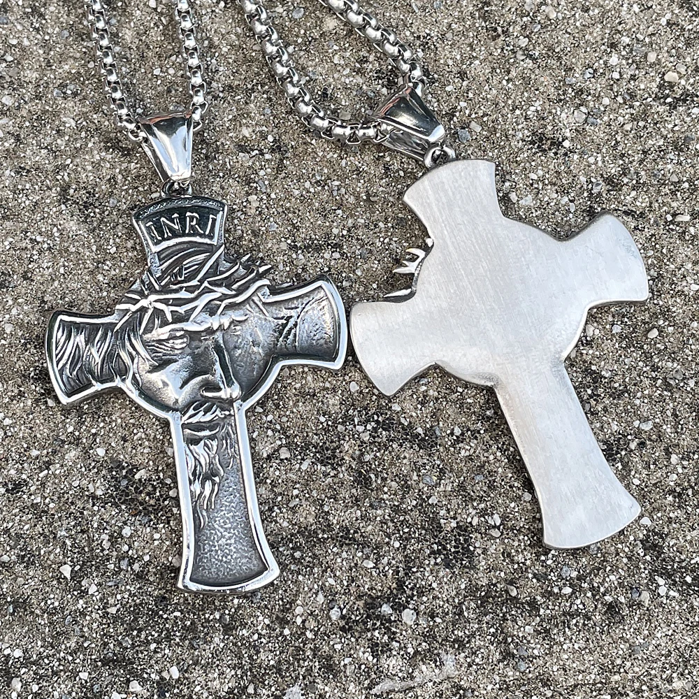 316L Stainless Steel Jesus Face Cross Pendant Necklace Men Boy Vintage Catholic Cross Jesus Necklace Chain Amulet Jewelry Gift