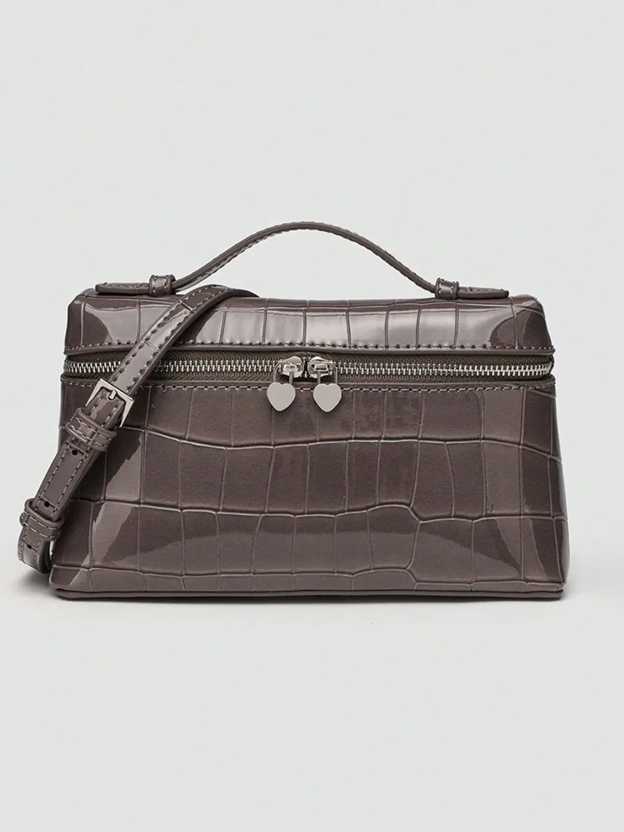 

Глянцевая женская сумка-кроссбоди из искусственной кожи с тиснением под крокодила, с верхней ручкой - коричневая