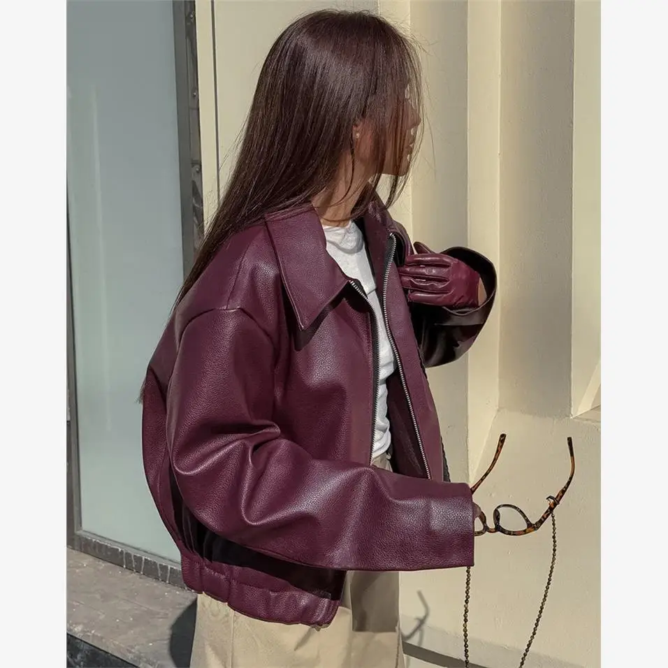 Jaet in pelle PU da donna allentata Autunno Inverno Nuovo Sle Chiusura con cerniera Moto Sle Colletto Flip Capispalla Lungo Sve