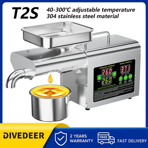 DIVEDEER 땅콩 오일 프레스 기계 T2S 자동 304 스테인레스 스틸 온도 조절 40 ° C-300 ° C 지능형 오일 프레스 기계