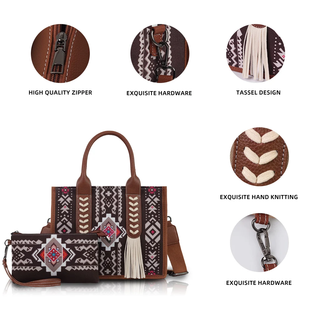 Ethnic print hand-held crossbody bag set with tassel decoration and small coin purse, suitable for daily commuting
