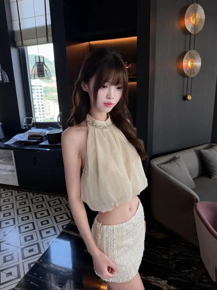 French Elegant Coquette 2 Piece Set Women Halter Neck Ruched Crop Top Low Waist Bodycon Sequins Mini Skirt Slim Fit Dress Elegan
