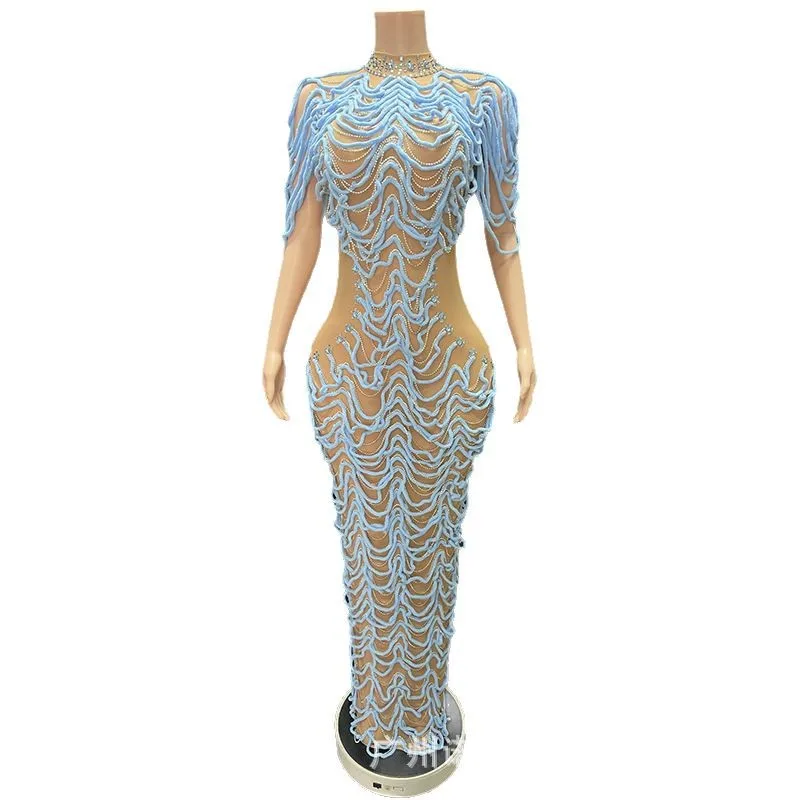 Design Wool Circle Nude Mesh Temperament Long Dress Model Catwalk Fashion Women's Party Dress Vestidos De Fiesta Elegante Señora