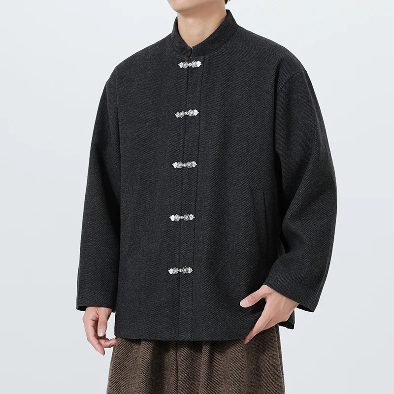 

2025 Men Chinese Traditional Retro Coat Man Autmn Soild Color Tang Suit Mandarin Collar Buckle Jacket Oriental Kung Fu Jackets