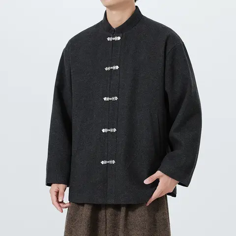 2025 Cappotto da uomo tradizionale cinese retrò Uomo Autmn Soild Color Tang Suit Colletto alla coreana Giacca con fibbia Giacche Kung Fu orientali
