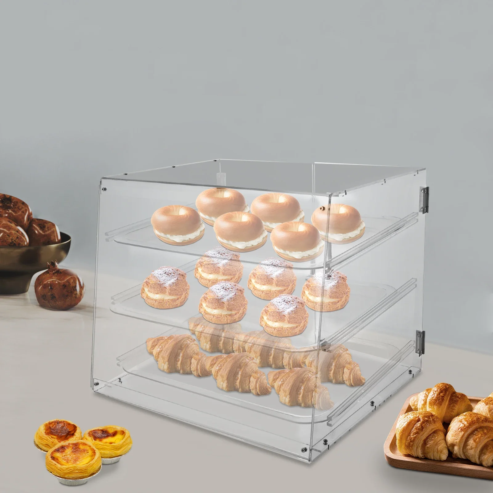 3-laags doorzichtige café-acryl gebakvitrine - commerciële bakkerijvitrine - moderne tafelblad dessertkast met anti-stofontwerp