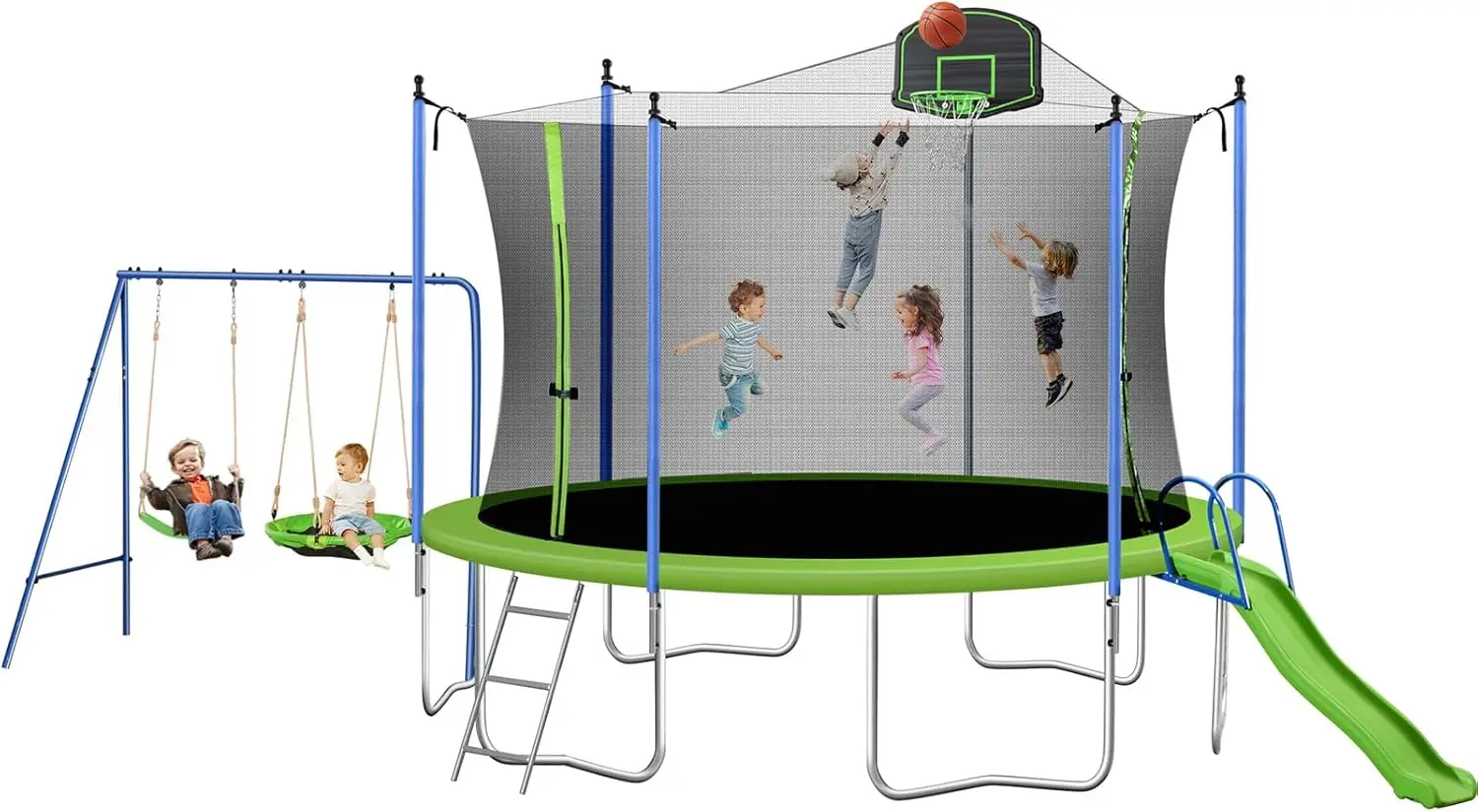 Outdoor Trampoline with Swing, Slide, Basketball Hoop, Safety Enclosure and Ladder, ASTM Approval Outdoor Recreational Tram