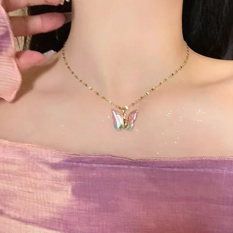 Luxury Color Gradual Change Acrylic 3D Butterfly Pendant Necklace for Women Korean Stainless Steel Zircon Choker Jewelry Gifts