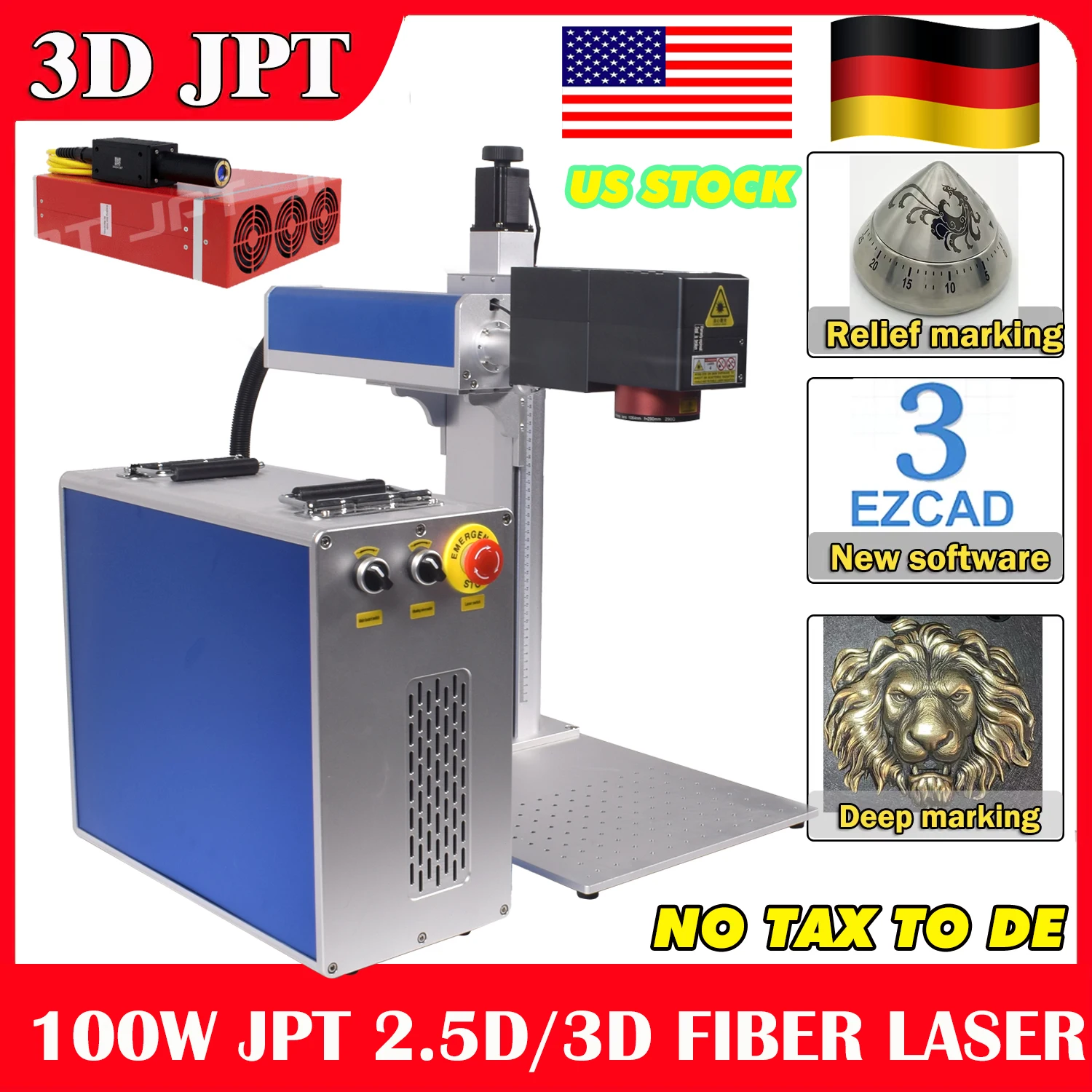 3D JPT 100W Relief Engraver Fiber Laser JPT Marking Machine EZCAD3 Deep Cutting Engraving 100W 3D Metal Relief Marking 2.5D JPT