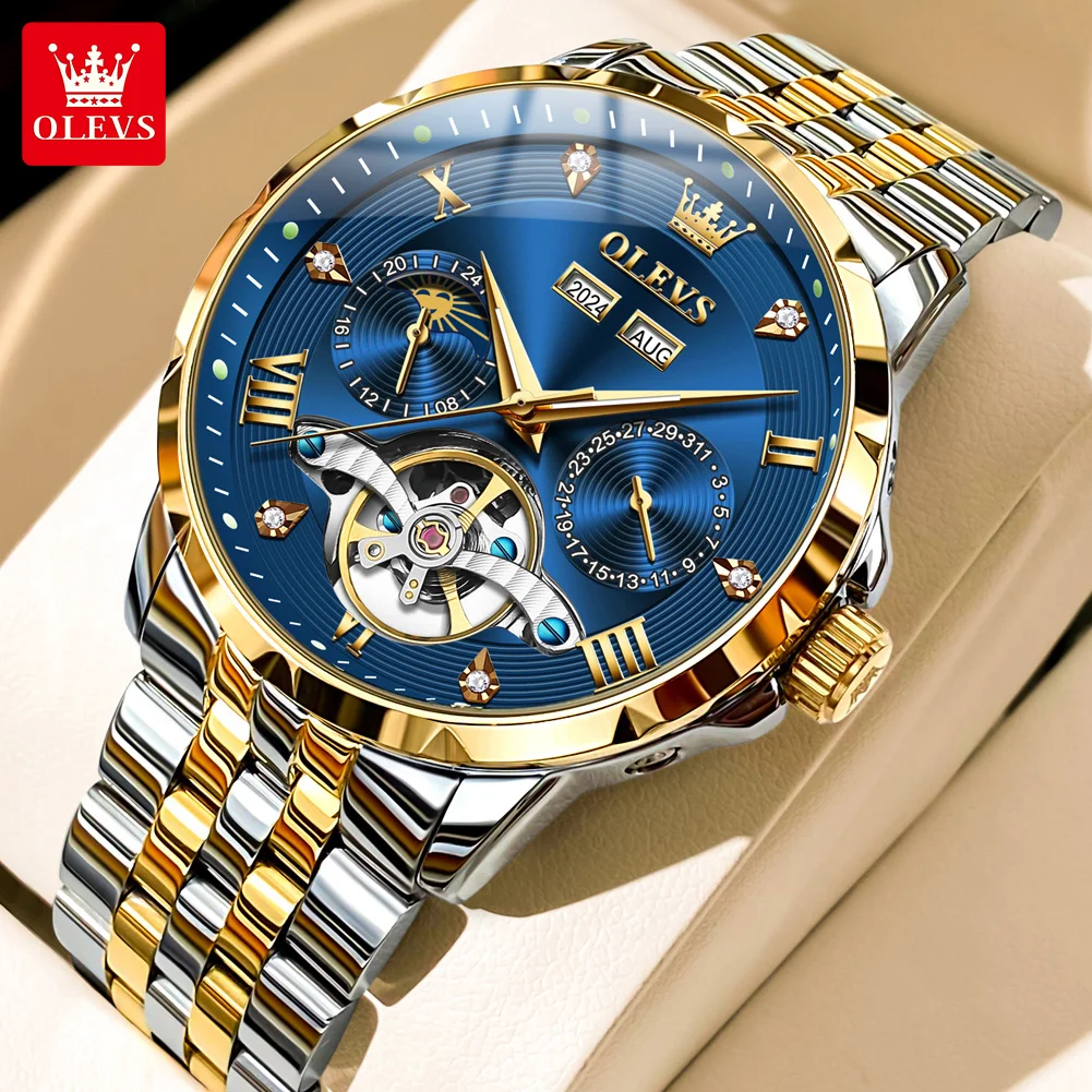 Olevs-男性用防水フライホイールウォッチ,機械式時計,高級ブランド,オリジナル,自動,ムーンフェイズ,6691